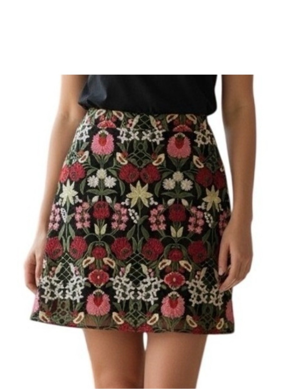 Lucy Paris Black Mini Skirt with Pink Red Cream & Green Floral Embroidery